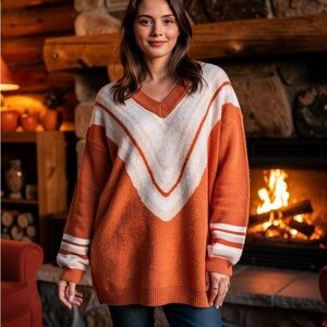 BiBi Women’s V-Neck Sweater in Orange and Cream Size L